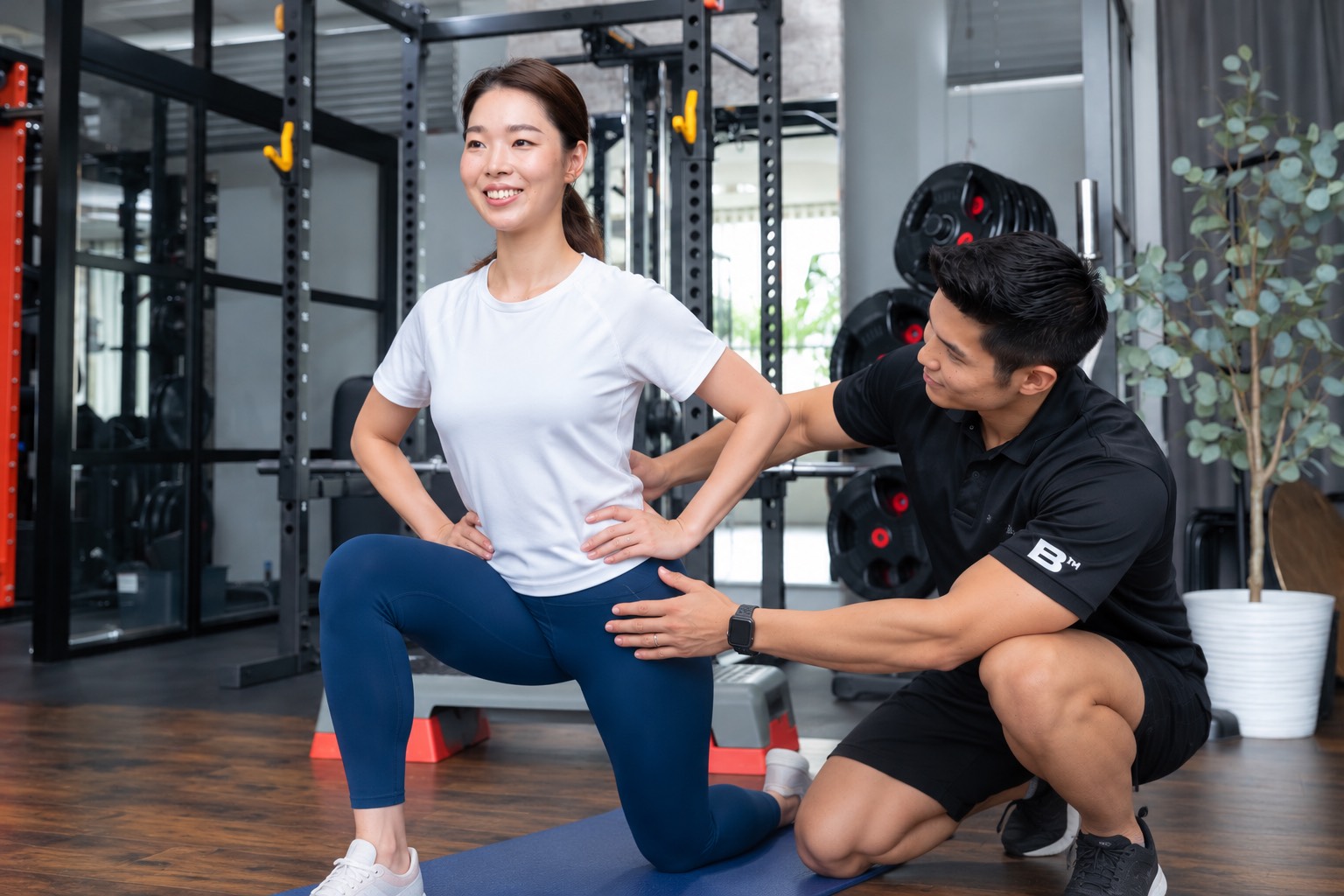 女性の姿勢と動きをトレーナーがサポートする様子